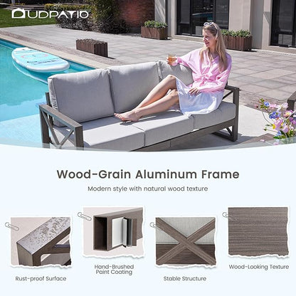 UDPATIO Aluminum Patio Furniture Set, 4 Piece Faux Wood Outdoor Patio Sets with Coffee Table, Metal Patio Furniture Set Modern Outdoor Sectional for Deck Porch Patio, Light Grey