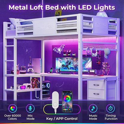 ADORNEVE Loft Bed Twin Size with L-Shaped Desk, LED Lights,Charging Station, Twin Metal Loft Bed Frame with Fabric Drawers & Shelve, 13.4" H Safety Guardrail, No Box Spring Needed, White