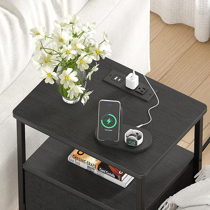 VECELO Night Stand with Charging Station, End Tables with Open Storage Shelf, Bed Side Tables with Fabric Drawers for Bedroom,Living Room,Classic Black