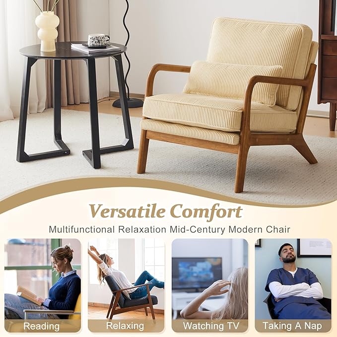 VINGLI Upgraded Premium Corduroy Accent Chairs Set of 2,Upholstered Arm Chair,Solid Wood Comfy Reading Chair with Lumbar Pillow, Mid Century Modern Chairs for Living Room,Bedroom,Dark Beige