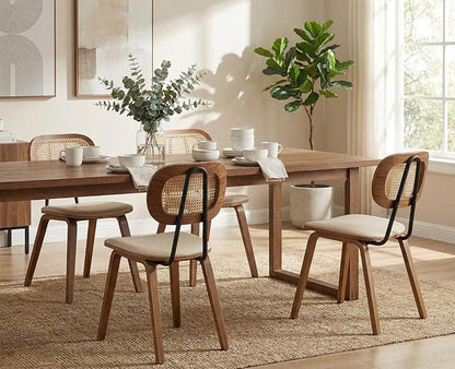Mid-Century Dining Chairs Set of 2, PU Leather Kitchen Chairs with Rattan Backrest Wooden Legs Armless Design for Dining Room Living Room, Beige