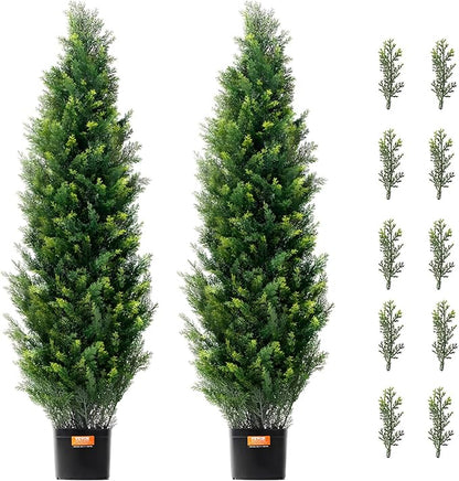 VEVOR Artificial Topiary Cedar Tree, 48 inch Tall (2 Pieces), with Extra Leaves & Pot Faux Evergreen Fake Pine Cypress Trees Plant, UV Rated Artificial Greenery Set for Home Decor Indoor/Outdoor