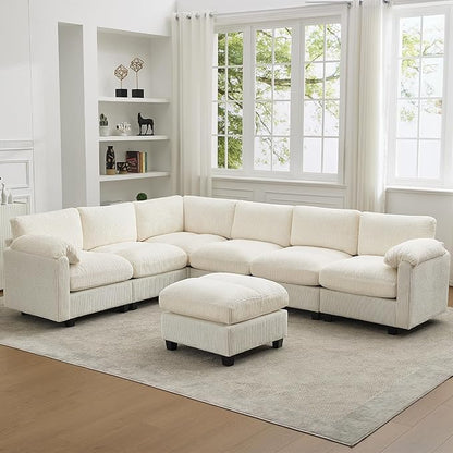 114'' V-Shaped Sectional Cloud Couch with Ottoman, 7-Seater Modular Couches for Living Room, Corduroy Oversized Deep Seat Sofa with Center Stitched, Beige