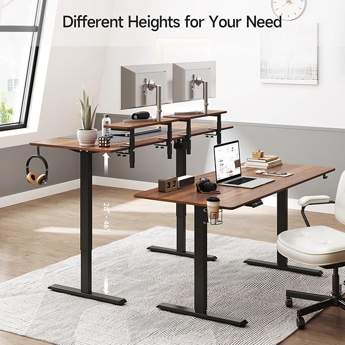 ONBRILL Standing Desk with 2 Adjustable Monitor Shelves, 63 x 24 Inches Electric Stand Up Desk with Memory Controller and Adjustable Height from 28-46 inches for Computer Workstations, Walnut