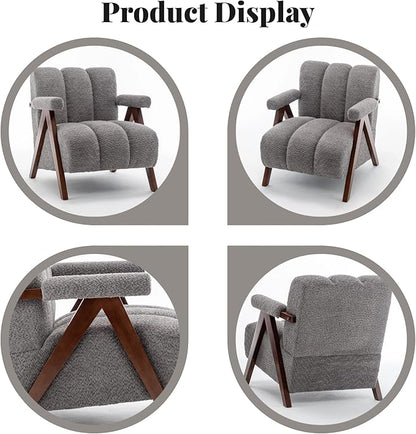 Mid Century Modern Accent Chairs Set of 2 with Solid Wood Frame, Boucle Upholstered Living Room Chairs with Thick Cushion, Comfy Tufted Arm Chair for Bedroom, Grey