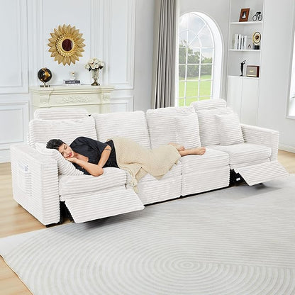 ORRD Power Reclining Sectional Sofa, Electric 4 Seat Recliner with 2 Electric Footrest and Adjustable Headrest, Modern Plush Corduroy Fluffy Modular Sectional with Deep Seat for Living Room-White