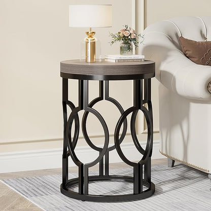 Tribesigns Round End Table, Industrial Side Table with Metal Hollow Frame, Small Bedside Table Nightstand for Living Room, Bedroom, Easy Assembly (Grey,1PC)