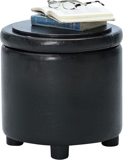Convenience Concepts Designs4Comfort Round Accent Storage Ottoman in Black Faux Leather Fabric
