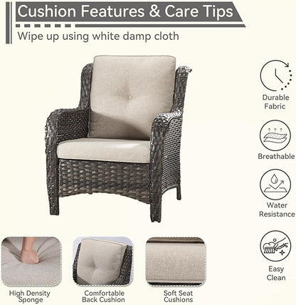 4 Pieces Patio Conversation Set, Wicker Chairs Set of 2 and Two Ottomans with 3.5-inch Seat Cushions, High Back and Curved Armrest for Backyard, Balcony and Deck, Beige