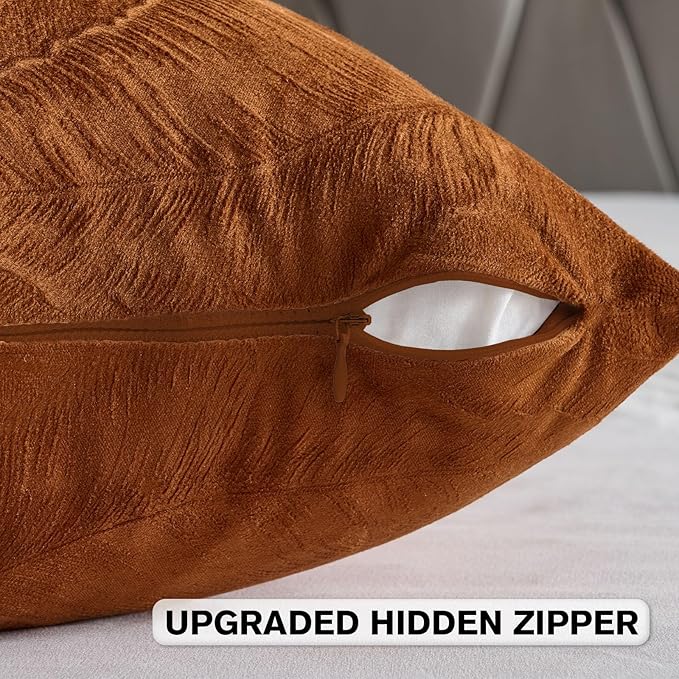 FUTEI Rust Velvet Throw Pillow Covers 26x26 Inch Set of 2,Soft Embossed Leaf-Relief Textured Euro Pillow Shams,Natural Home Decor for Couch Living Room