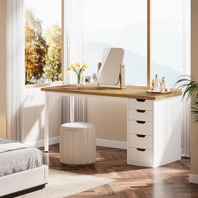 Tribesigns Modern Simple Computer Desk, 47 Inches PC Desk with 5 Reversible Drawers, Rustic Brown Study Writing Table Workstation for Home Office Small Spaces (Walnut+White)