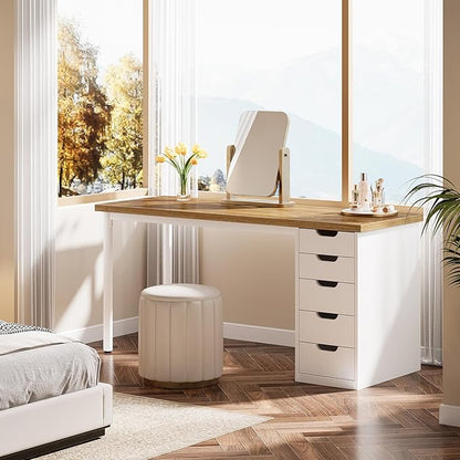 Tribesigns Modern Simple Computer Desk, 47 Inches PC Desk with 5 Reversible Drawers, Rustic Brown Study Writing Table Workstation for Home Office Small Spaces (Walnut+White)