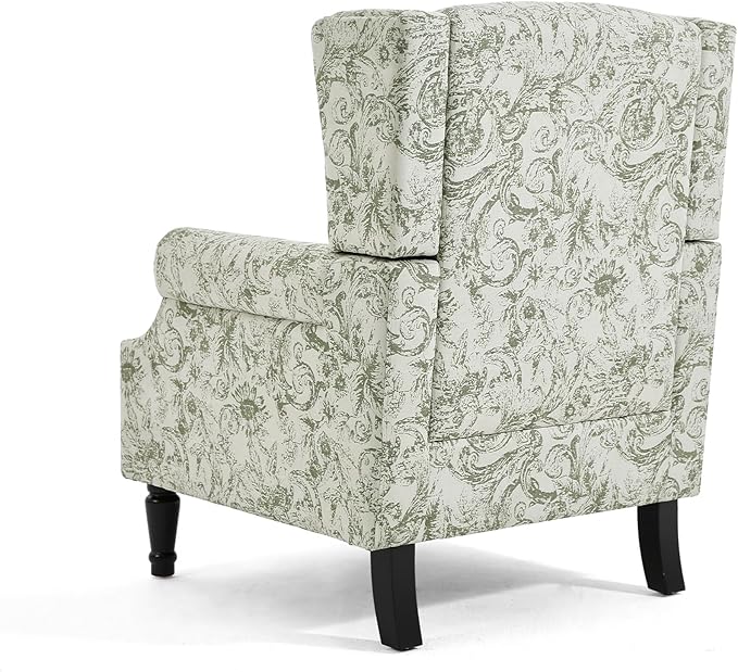 Wingback Accent Chairs Set of 2, High Back Upholstered Armchair, Printed Fabric Wingback Arms Chairs with Wood Legs, Single Sofa Reading Chair for Bedroom Living Room, Green Pattern