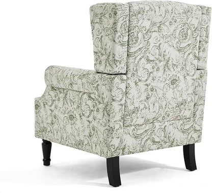 Wingback Accent Chairs Set of 2, High Back Upholstered Armchair, Printed Fabric Wingback Arms Chairs with Wood Legs, Single Sofa Reading Chair for Bedroom Living Room, Green Pattern