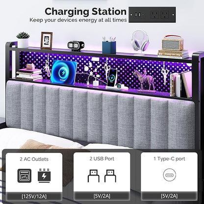VINGLI King Size Headboard Only, Adjustable Upholstered Headboard with 2 Tier Shelves and Pegboard with Charging Stations and LED Lights, Modern Bed Headboard with Storage for Bedroom Decor
