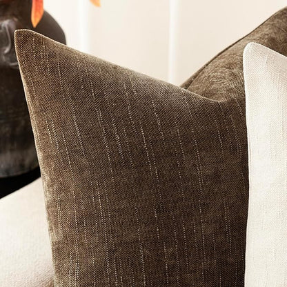 Foindtower Pack of 2 Soft Textured Chenille Throw Decorative Pillow Covers Square Accent Solid Cushion Cover Neutral Farmhouse Pillow Case for Couch Sofa Bedroom Living Room 18x18 Inch,Taupe Brown