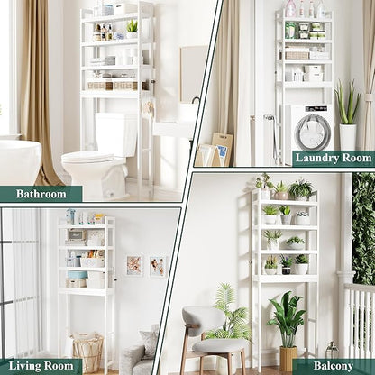 Smiry Over The Toilet Storage Cabinet, 4-Tier Bamboo Bathroom Organizers with Adjustable Shelf & 4 Hooks, Space Saving Shelf Rack for Bathrooms, Laundry Room, Balcony, White