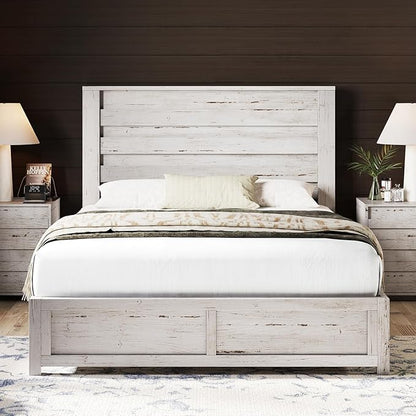 AMERLIFE Farmhouse Full Size Bed Frame with 49" Fluted Headboard, Platform Bed with Natural Wood Grain, No Box Spring Needed/Noise Free, Distressed White