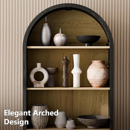 Arch Storage Cabinet with Beech-Wooden Door, 60” Cute Arched Display Cabinet, 4 Tier Farmhouse Buffet Cabinets with Storage for Dining Room, Living Room, Home Office or Kitchen (Black)