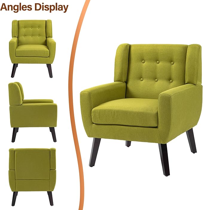 Accent Chairs Set of 2, Modern Fabric Armchairs for Living Room, Comfy Upholstered Arm Chairs Tufted for Indoor Bedroom Office Room (Green)