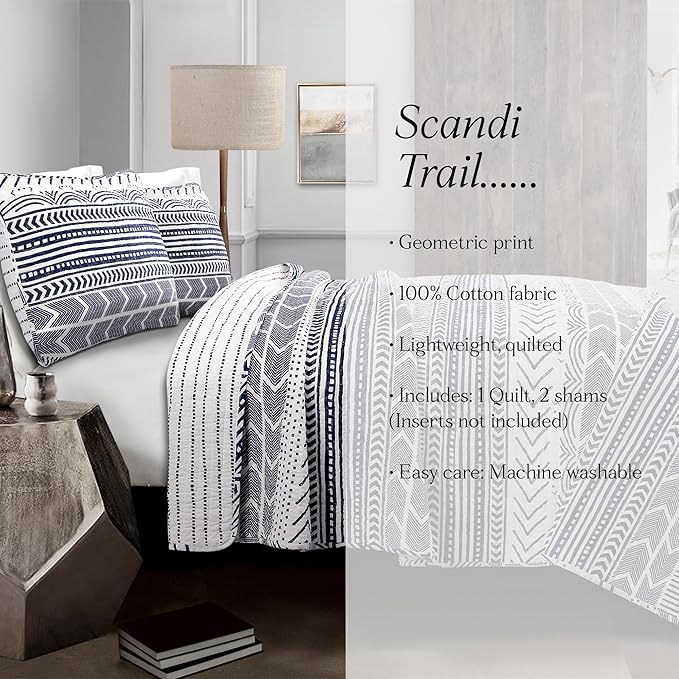 Lush Decor Hygge Geo Pattern Striped 3 Piece Quilt Bedding Set, Full/Queen, Navy & White