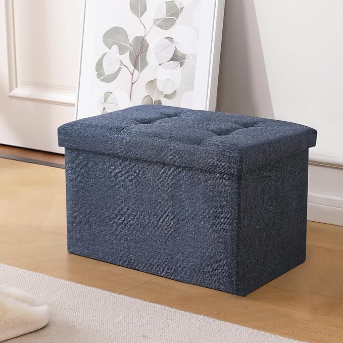 CUYOCA Storage Ottoman Cube Small Footrest Foldable Seat Foot Stools Square Tufted Ottoman Linen Beige