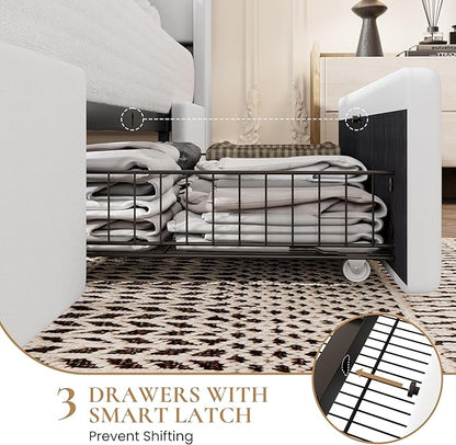 SHA CERLIN Full Size Bed Frame with 3 Drawers, USB & Type-C Charging Ports, Velvet Upholstered Platform Bed with Modern Geometric Wingback Storage Headboard, No Box Spring Needed, Easy Assembly, White