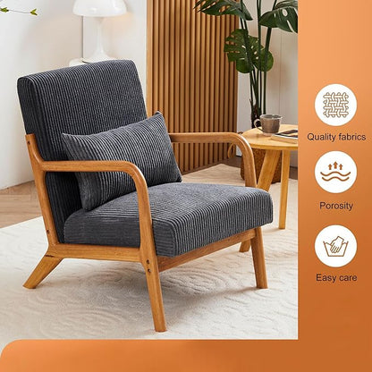 Accent Chairs, Mid-Century Modern Chair with Pillow, Armchair with Solid Wood, Reading Relaxing Leisure Chair for Living Room（Dark Grey）