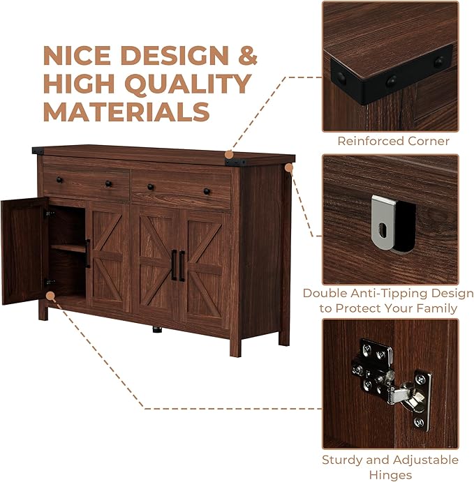 Buffet Cabinet with Storage Farmhouse with 4 Doors and 2 Drawers, 55'' Large Kitchen Storage Cabinet Cherry Wood Coffee Bar Buffet Sideboard for Kitchen, Dining Room, Living Room