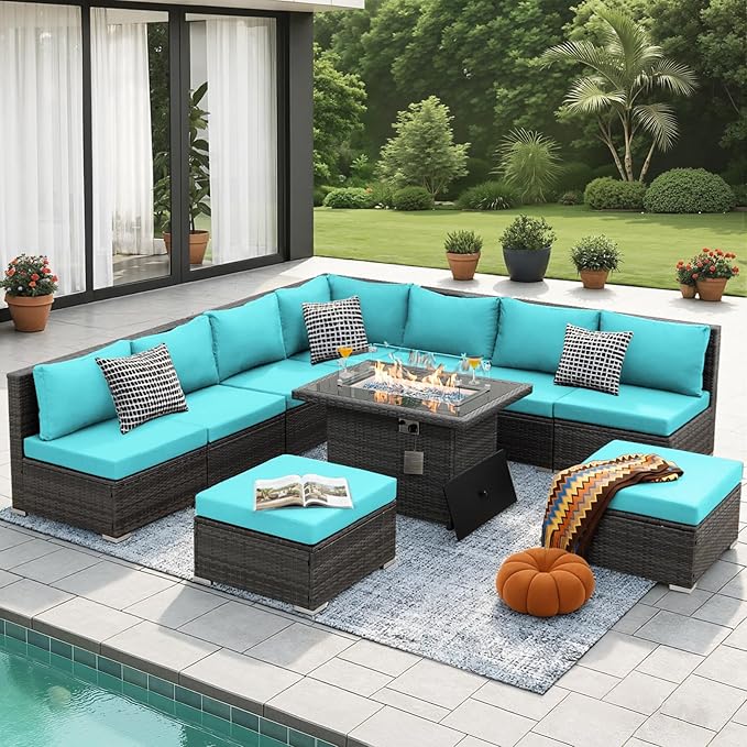 NICESOUL 10 Piece Modern Outdoor Furniture Set with Natural Gas/Propane Fire Pit Table, 29.3'' High-Back Extra Large Patio Sectionals with Firepit, Deep Wide All-Weather Rattan Sofas, Turquoise & Gray
