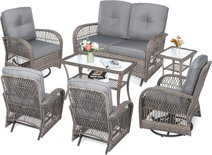 VIVIJASON 7-Piece Outdoor Patio Wicker Conversation Sets, All Weather Outdoor Rattan Furniture Set Includes Glider Loveseat, 2 Glider Rocker Chairs, 2 Swivel-Gliders Chairs, 2 Coffee Table, Grey