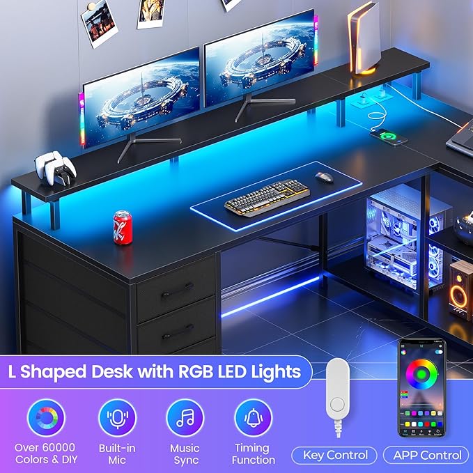 SEDETA L Shaped Desk with 4 Drawers and Storage Shelves, L Shaped Gaming Desk with LED Lights & Power Outlets, Computer Desk with Shelves & Drawer, Corner Desk Home Office Desk, Black