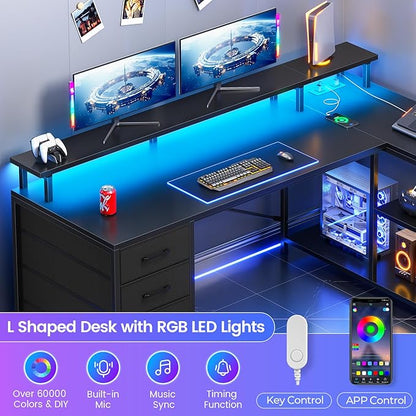 SEDETA L Shaped Desk with 4 Drawers and Storage Shelves, L Shaped Gaming Desk with LED Lights & Power Outlets, Computer Desk with Shelves & Drawer, Corner Desk Home Office Desk, Black