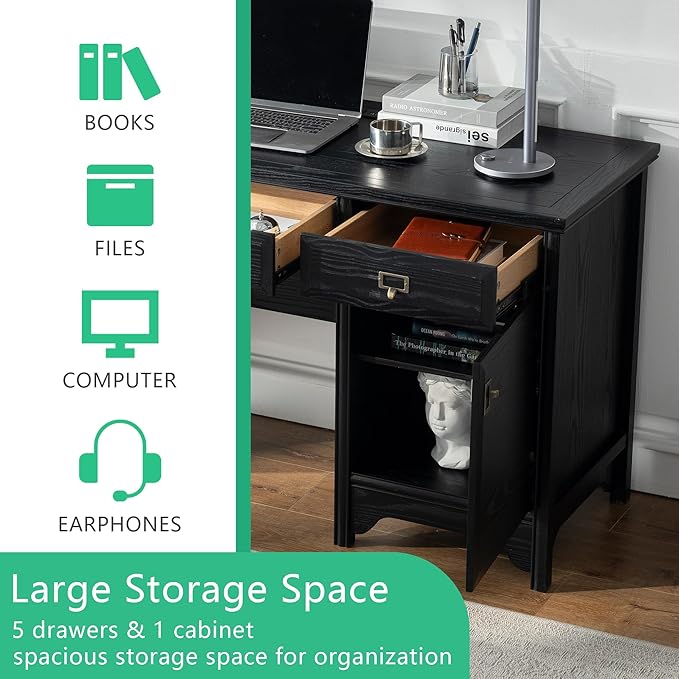 Chogori 55" Solid Wood Executive Desk, Farmhouse Office Computer Desk with 5 Drawers & Storage Cabinet, Wooden Writing Table for Home Office Study Bedroom, Black