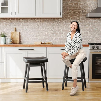 Counter Height Bar Stools Set of 2, 24 Inch Barstools for Kitchen Counter, Kitchen Stools with Bonded Leather Saddle Seats & Heavy Duty Metal Legs, Easy Assembly, Gray/White