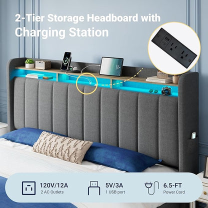 Allewie Vertical Tufted King Size Upholstered Platform Bed Frame with 2-Tier LED Storage Headboard & 2 Storage Drawers, USB & Type-C Charging Ports, Noise-Free/No Box Spring Needed, Dark Grey