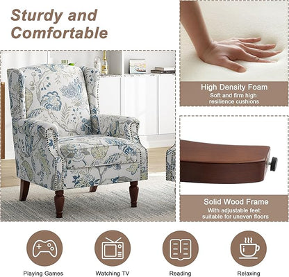 Pia Ricco Set of 2 Floral Accent Chairs, High Back Upholstered Armchairs with Retro Wingback Design, Nailhead Trim & Solid Wood Legs for Living Room Bedroom(Plants Blue)