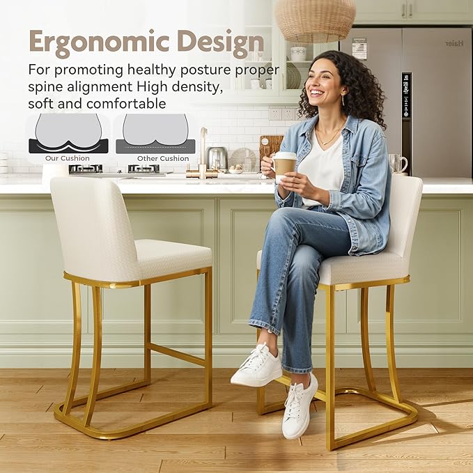 MAISON ARTS Bar Stools Set of 2, 24 Inch Counter Height Barstools with Back, Modern Upholstered Faux Leather Bar Chairs for Kitchen Island Home Bar, Gold Metal Frame, Footrest, Off White