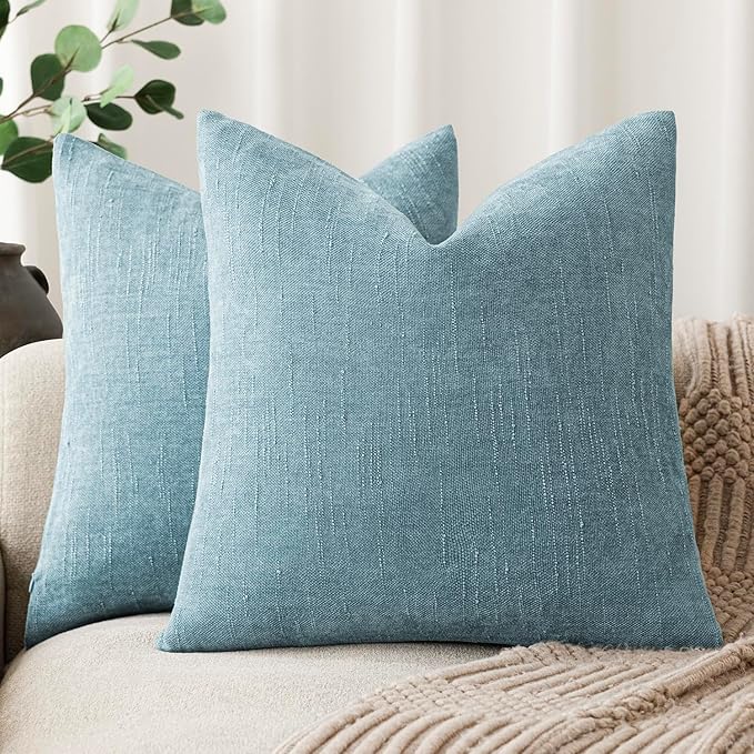 Foindtower Pack of 2 Textured Chenille Throw Decorative Pillow Covers Square Accent Solid Cushion Cover Neutral Farmhouse Pillow Case for Couch Sofa Bedroom Living Room 20x20 Inch,Light Blue