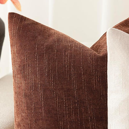 Foindtower Pack of 2 Soft Textured Chenille Throw Decorative Pillow Covers Square Accent Solid Cushion Cover Cozy Neutral Farmhouse Pillow Case for Couch Sofa Bedroom Living Room 26x26 Inch,Red Taupe