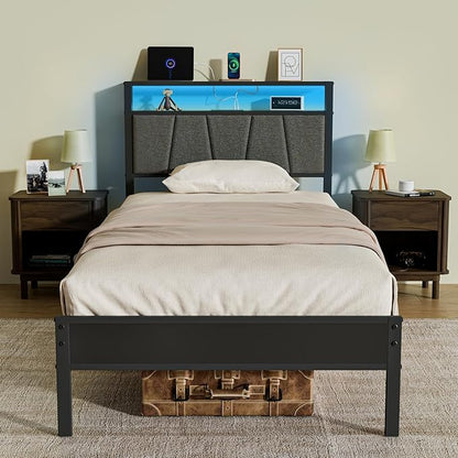 Z-hom Twin Bed Frame with Upholstered Headboard and Footboard, Metal Platform with Dual Storage Compartments, LED Lights and USB Ports, Easy Assembly, Grey