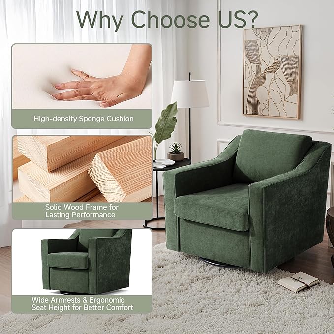 UIXE Swivel Accent Chairs Set of 2, Chenille Upholstered Arm Chair for Living Room, Modern Club Armchair Comfy Single Sofa Bedroom Reading Seat with Lumbar Pillow - Green