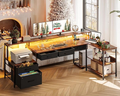 AODK L Shaped Desk with 5 File Drawers, 75" Reversible L Shaped Computer Desk with Power Outlet & LED Strip, Office Desk with Storage Shelves, Gaming Desk with Monitor Shelf, Corner Desk, Vintage