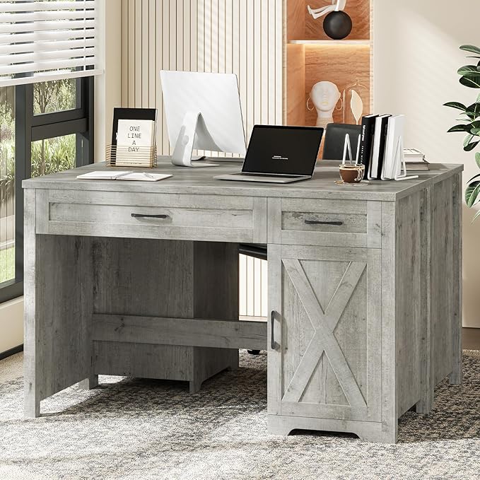 Vabches Farmhouse 51" Executive Desk,Computer Desk with Drawers and Storage Cabinet, Workspace for Home Office and Study.Grey