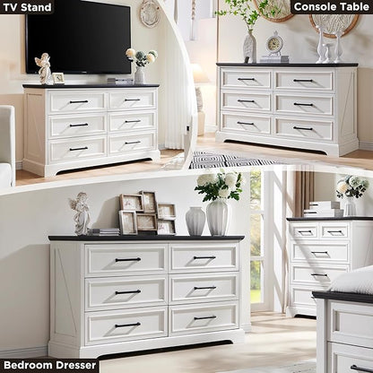 ACCOHOHO Farmhouse 6 Drawer Dresser for Bedroom, 52 Inch Wide Modern Dresser TV Stand with Large Drawers & Bar Handles, Rustic Wood Chest of Drawers for Bedroom, Living Room, Hallway, Off White