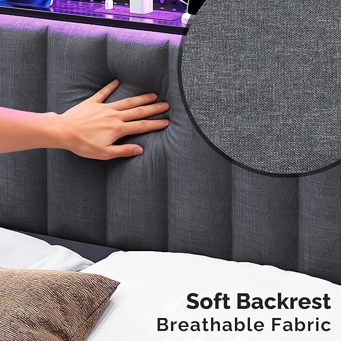 VINGLI Queen Size Headboard Only, Adjustable Upholstered Headboard with 3 Tier Shelves and Pegboard with Charging Stations and LED Lights, Modern Bed Headboard with Storage for Bedroom Decor