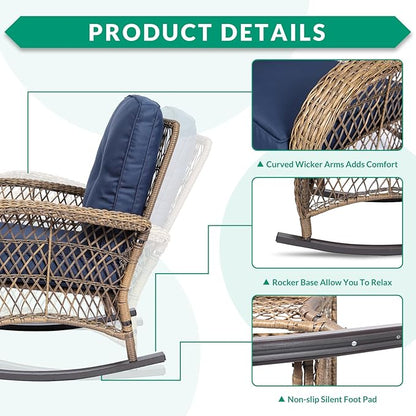 VIVIJASON 5-Piece Outdoor Patio Wicker Conversation Sets, All Weather Outdoor Rattan Furniture Set Includes Glider Loveseat, 2 Coffee Table, 2 Rocking Chairs with Cushions for Backyard, Navy Blue