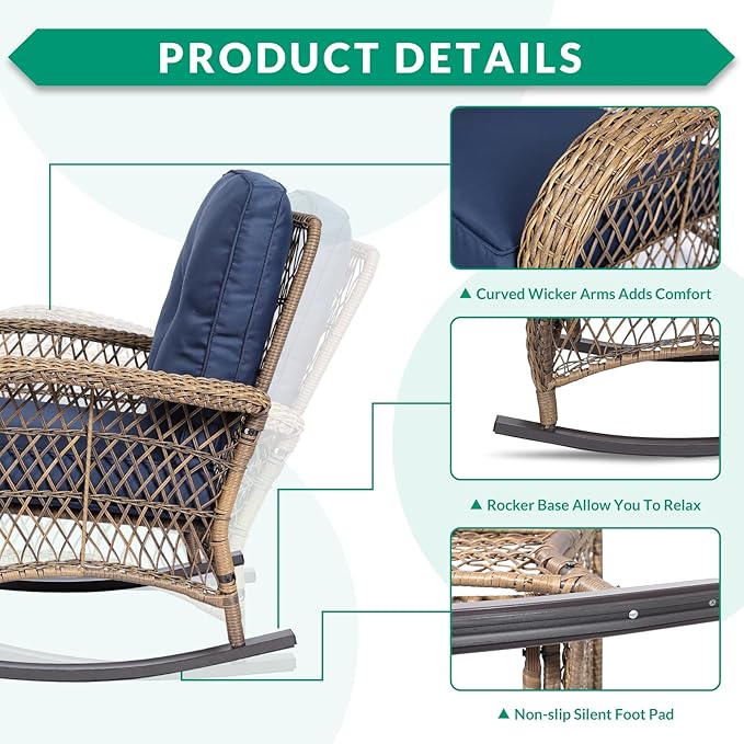 VIVIJASON 4-Piece Outdoor Patio Wicker Conversation Sets, All Weather Outdoor Rattan Furniture Set Includes Glider Loveseat, Coffee Table, 2 Rocking Chairs with Cushions for Backyard, Navy Blue