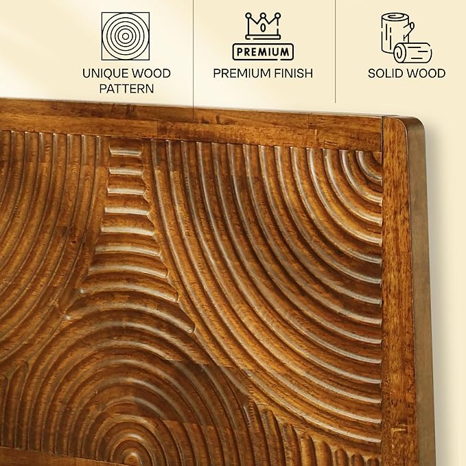 Acacia Harmony King Platform Bed Frame – Solid Rubber Wood, Caramel Finish, Mid-Century Modern Design, Unique Circular Wood Grain, 800lbs Capacity, No Box Spring Needed, Easy Assembly