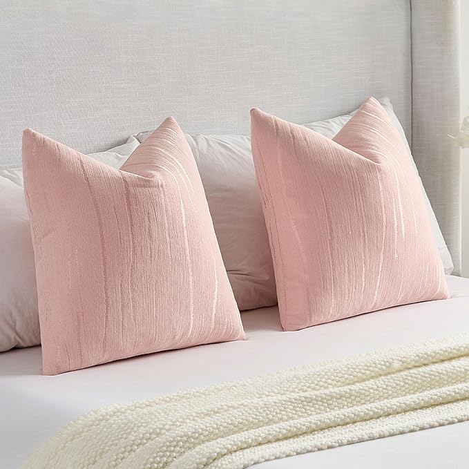 FUTEI Pink Chenille Decorative Throw Pillow Covers 16x16 Inch Set of 2,Soft Embossed Striped Textured Cushion Case,Modern Home Decor for Couch Bed Living Room